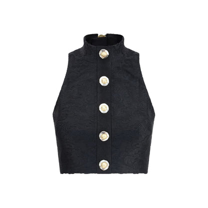 Balmain Black Viscose Top with baroque pattern and gold buttons, AW25 collection.