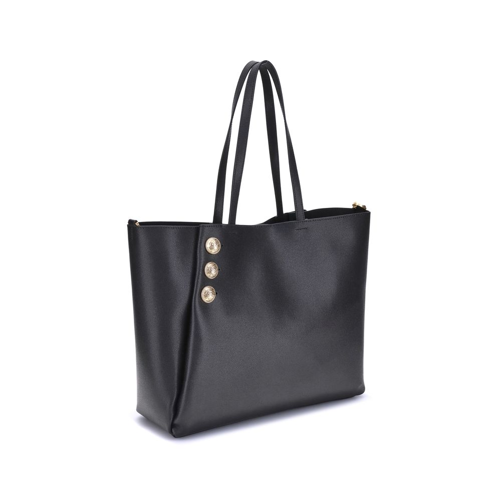 Balmain Emblème Tote Bag in black leather with gold coin buttons and chain detail, featuring flat handles and magnetic button closure.
