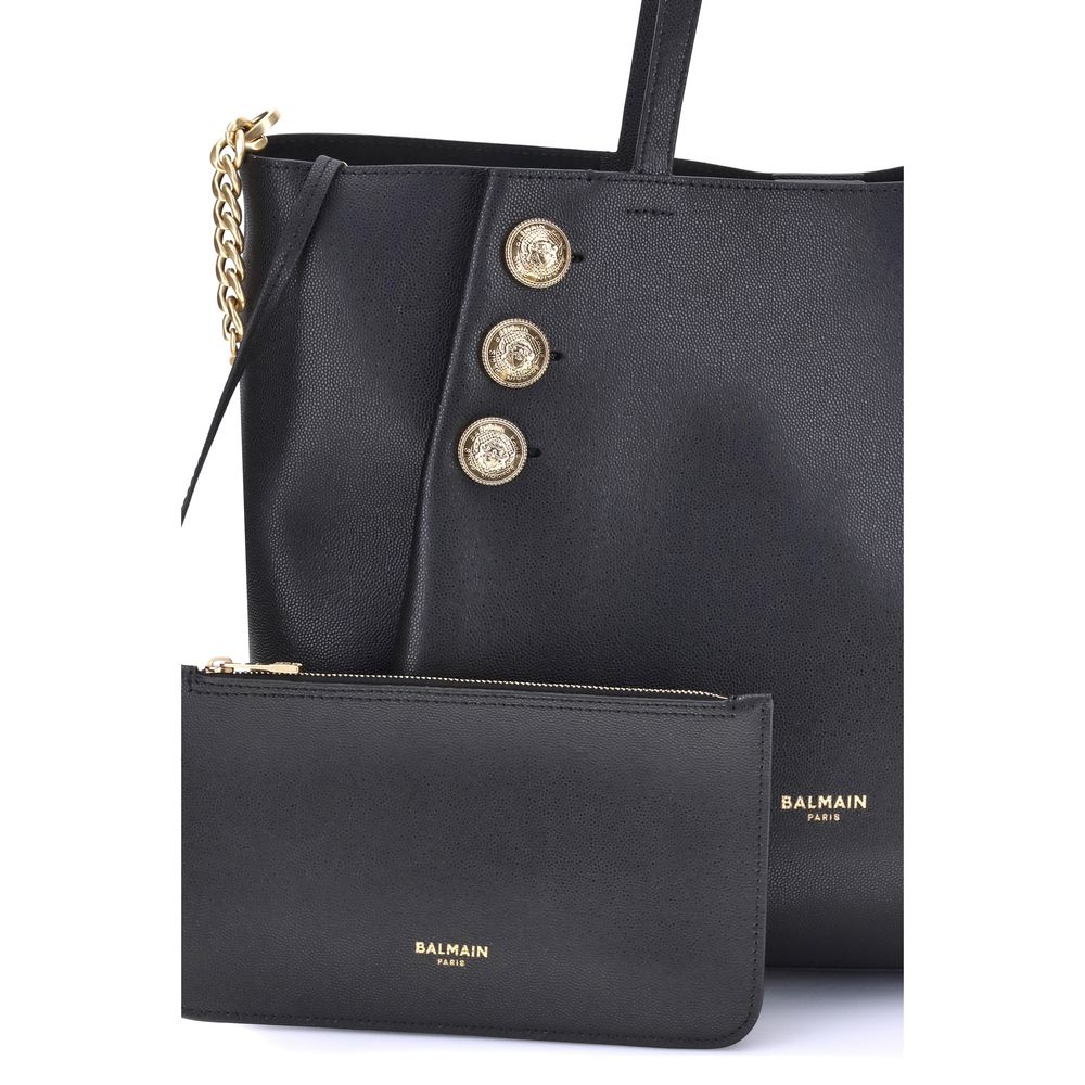 Balmain Emblème Tote Bag with gold coin buttons and removable leather pouch.