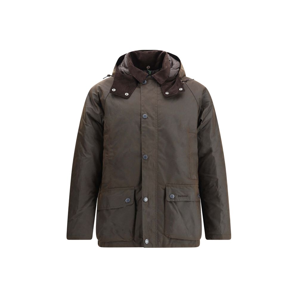 Barbour Brown Cotton Rain Coat with drawstring hood and corduroy collar, featuring front zipper and snap closure for AW25 season.