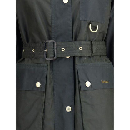 Close-up of Barbour Green Cotton Coat featuring belt and snap-button closure.