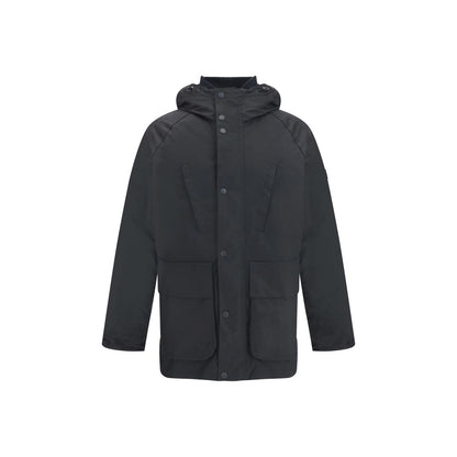 Barbour International Black Cotton Parka in a slim fit, featuring adjustable hood and pockets, perfect for cold weather style and functionality.