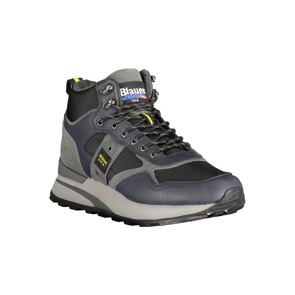 Blauer Blue Leather Men Sneaker - High-top, durable lace-up boots with iconic logo, striking style for streetwear, removable footbed.