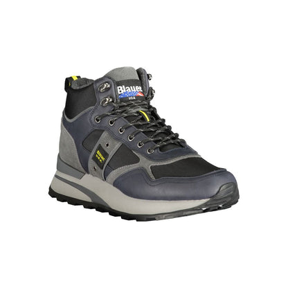 Blauer Blue Leather Men Sneaker - High-top, durable lace-up boots with iconic logo, striking style for streetwear, removable footbed.