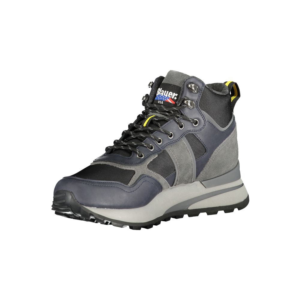 Blauer Blue Leather Men Sneaker high-top with contrasting details and removable footbed, featuring the iconic Blauer logo for style and comfort.