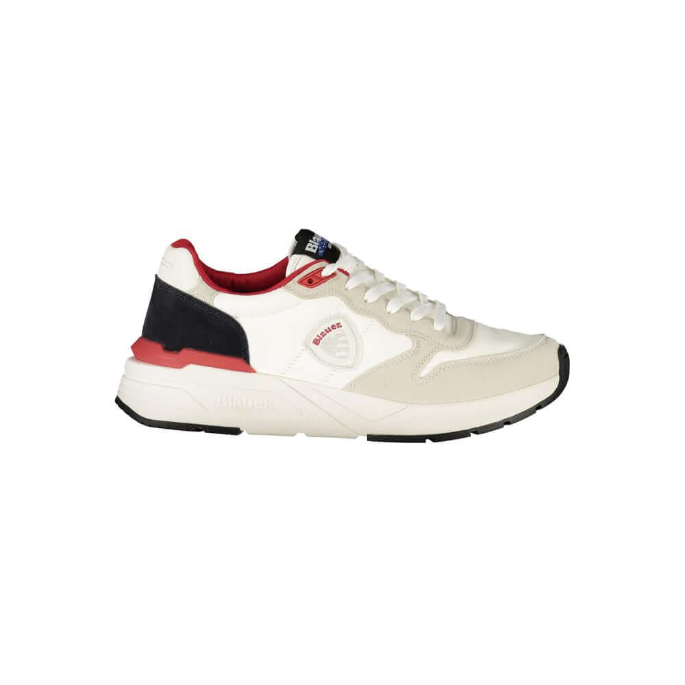 Blauer White Polyester Men Sneaker with red and black accents, featuring the iconic Blauer logo. Perfect for stylish footwear enthusiasts.