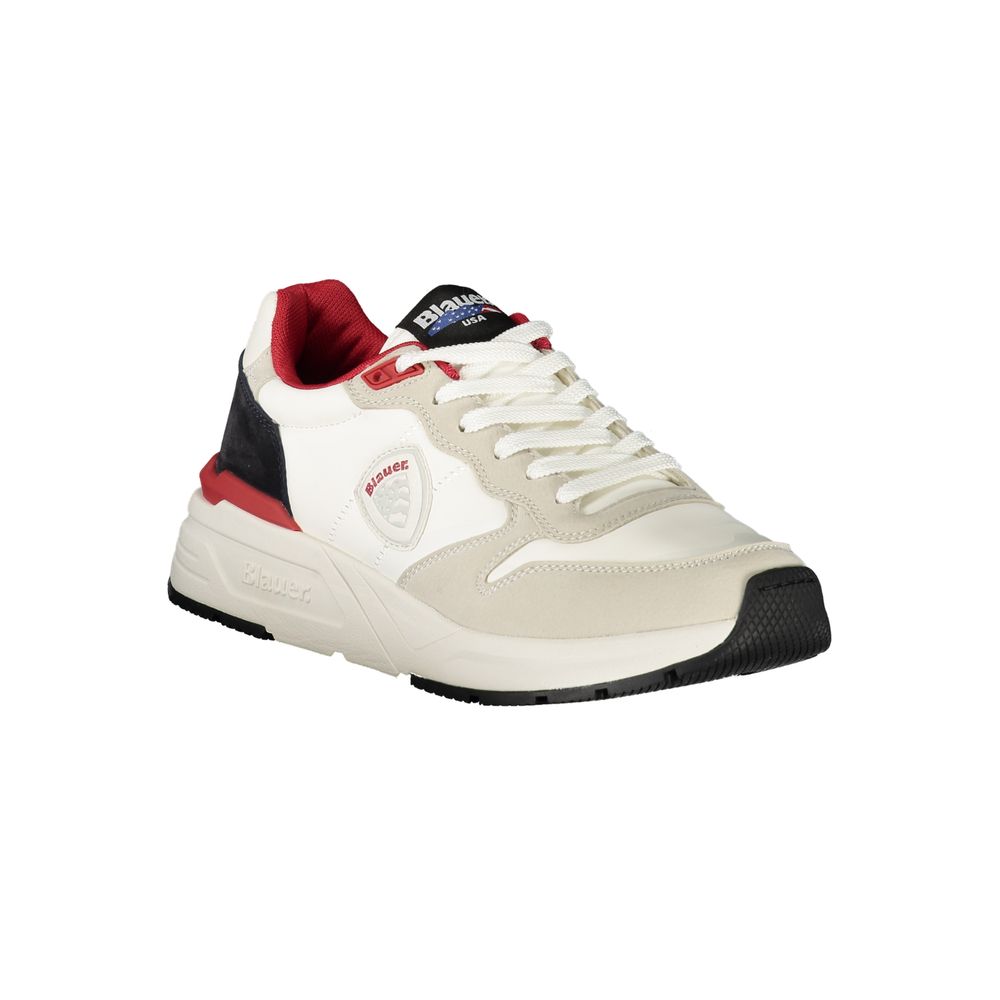 Blauer White Polyester Men Sneaker with red accents and iconic logo, showcasing sleek design and modern style.