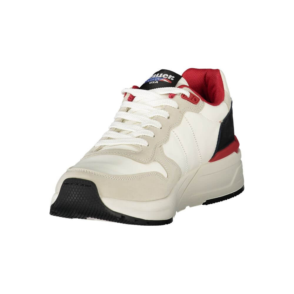 Blauer White Polyester Men Sneaker with red accents and logo, front view showcasing stylish design and craftsmanship.