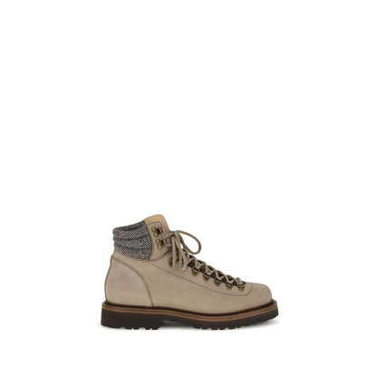 Brunello Cucinelli Beige Calf Leather Bos Taurus Lace-Up Boots with metal eyelets and two-tone laces, side view.