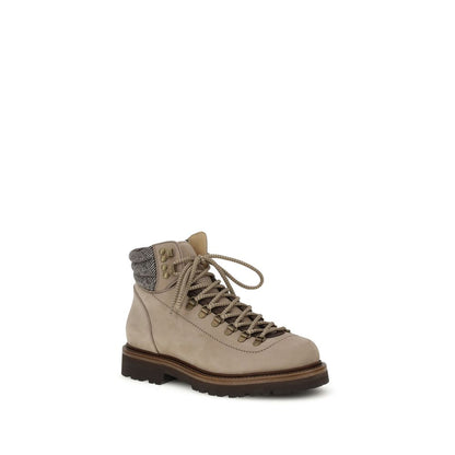 Brunello Cucinelli Beige Calf Leather Bos Taurus Lace-Up Boots with metal eyelets and two-tone laces, showcasing style and functionality.