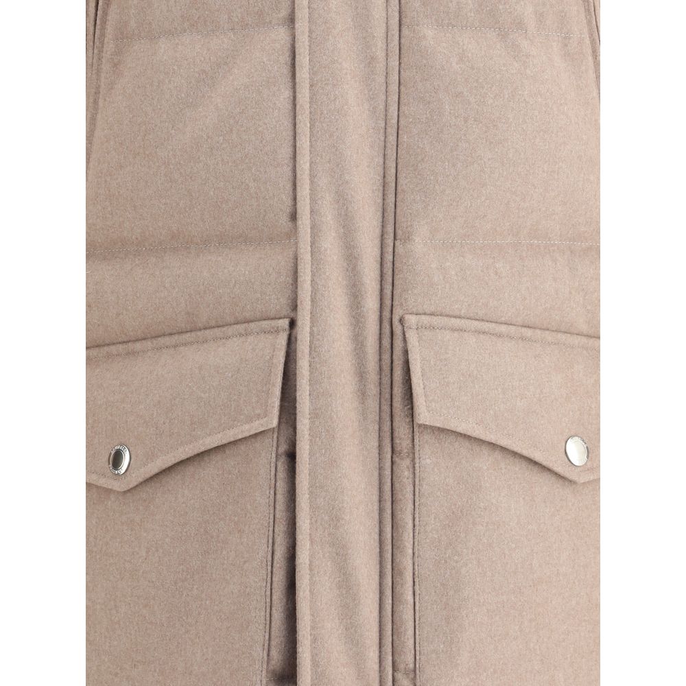Brunello Cucinelli Beige Cashmere Coat with flap pockets and zipper details showcasing elegant design and craftsmanship