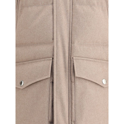 Brunello Cucinelli Beige Cashmere Coat with flap pockets and zipper details showcasing elegant design and craftsmanship