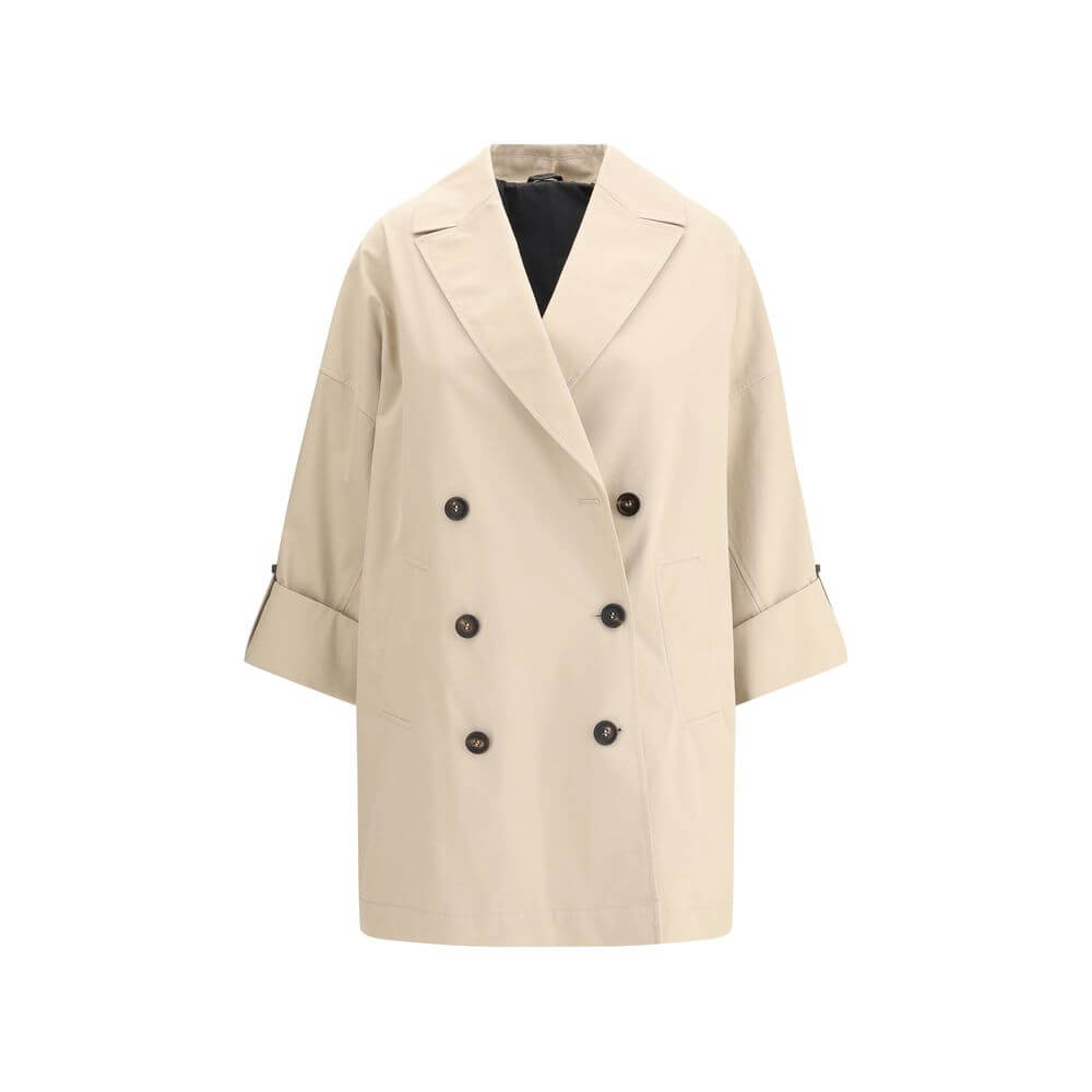 Brunello Cucinelli Beige Cotton Coat with wide lapel and jewel detail, AW25 collection, double-breasted closure for elegant style.