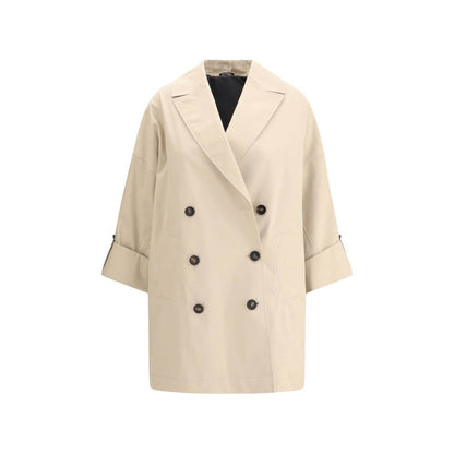 Brunello Cucinelli Beige Cotton Coat with wide lapel and jewel detail, AW25 collection, double-breasted closure for elegant style.