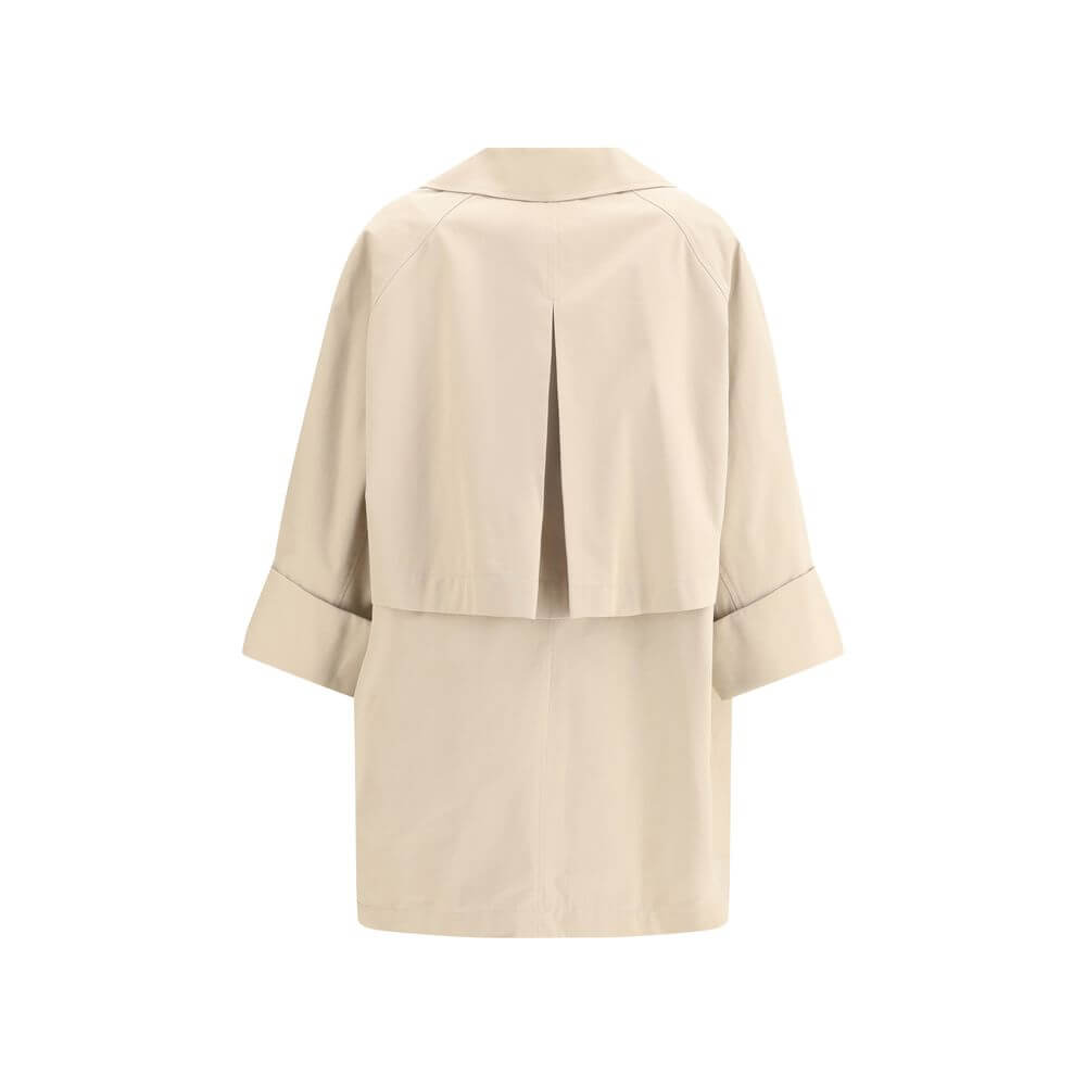 Back view of Brunello Cucinelli Beige Cotton Coat with wide sleeves and lapel, showcasing elegant design for AW25 collection.