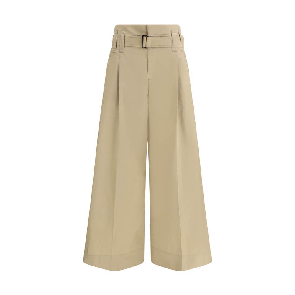 Brunello Cucinelli Beige Cotton Cropped Pants with pleated design and draw belt for elegance and comfort.