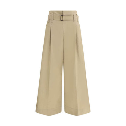 Brunello Cucinelli Beige Cotton Cropped Pants with pleated design and draw belt for elegance and comfort.