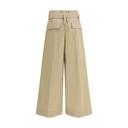 Brunello Cucinelli Beige Cotton Cropped Pants with wide legs and draw belt detail, showcasing a modern and sophisticated style.