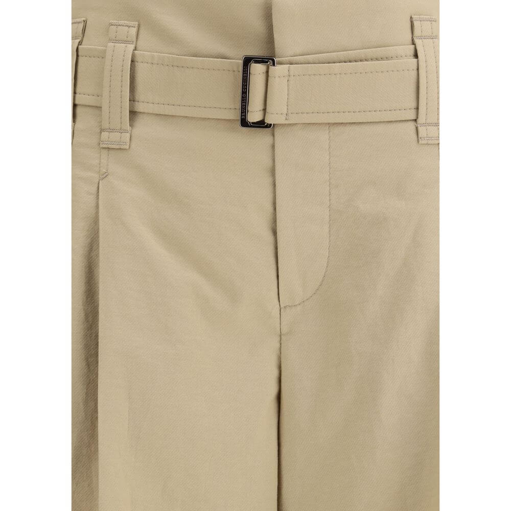 Brunello Cucinelli Beige Cotton Cropped Pants with pleated design and draw belt for tailored elegance.