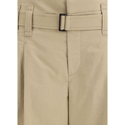 Brunello Cucinelli Beige Cotton Cropped Pants with pleated design and draw belt for tailored elegance.