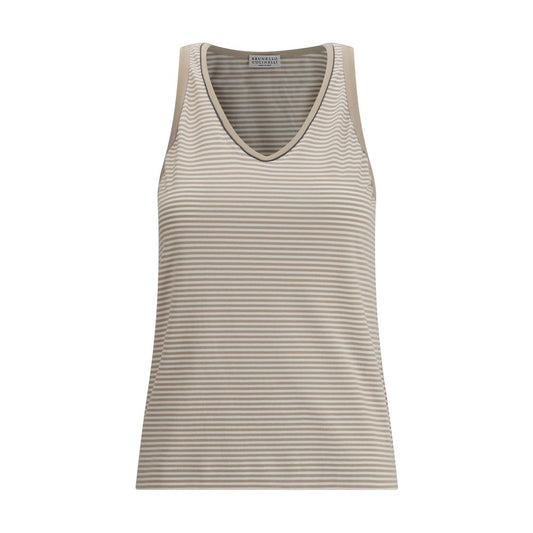 Brunello Cucinelli Beige Cotton Top with striped design and wide neckline, elegant and modern garment for AW25 season.