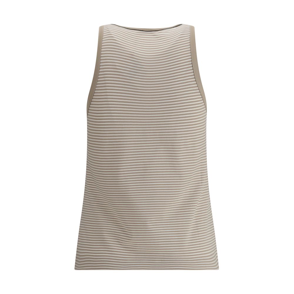 Brunello Cucinelli Beige Cotton Top with subtle stripes and wide neckline, showcasing elegance and modern design, bare shoulder style.