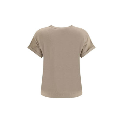 Back view of Brunello Cucinelli Beige Nylon T-Shirt with ribbed crew neck and monochrome design, featuring a delicate glitter effect.