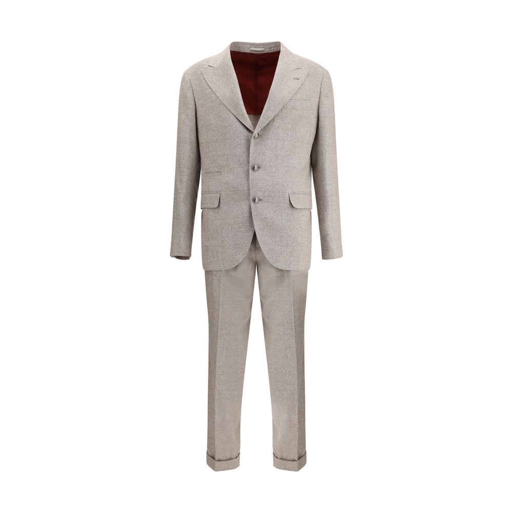 Brunello Cucinelli Beige Silk Two-Piece Suit with peaked lapels and tailored pants, showcasing timeless elegance and high-quality craftsmanship.