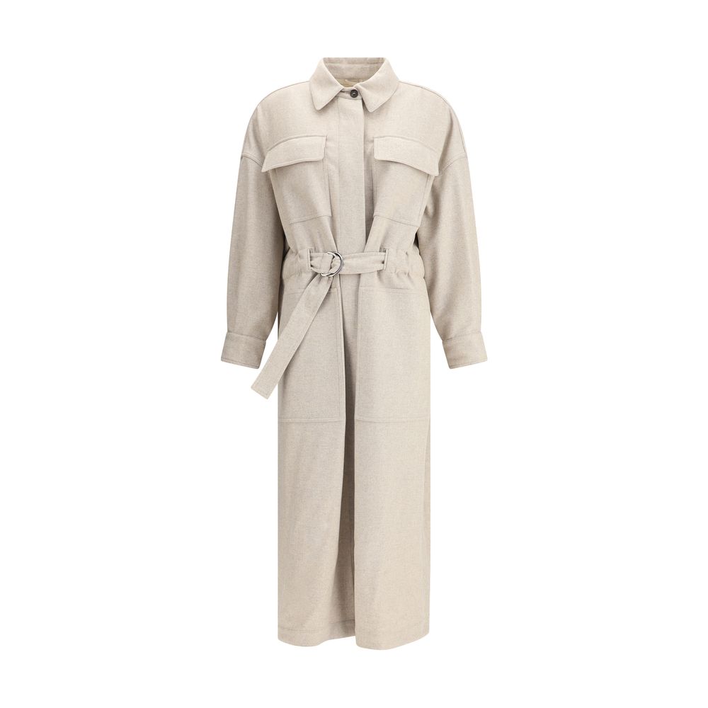 Brunello Cucinelli Beige Wool Coat with classic collar and adjustable waistband, elegant long design with flap patch pockets.