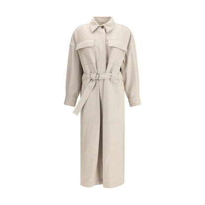 Brunello Cucinelli Beige Wool Coat with classic collar and adjustable waistband, elegant long design with flap patch pockets.