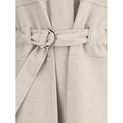 Close-up of adjustable waistband on Brunello Cucinelli Beige Wool Coat, showcasing elegant design and craftsmanship.