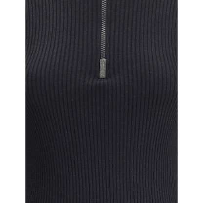 Close-up of Brunello Cucinelli Black Cashmere Sweatshirt with ribbed knit, subtle glitter thread, and front zipper, AW25.