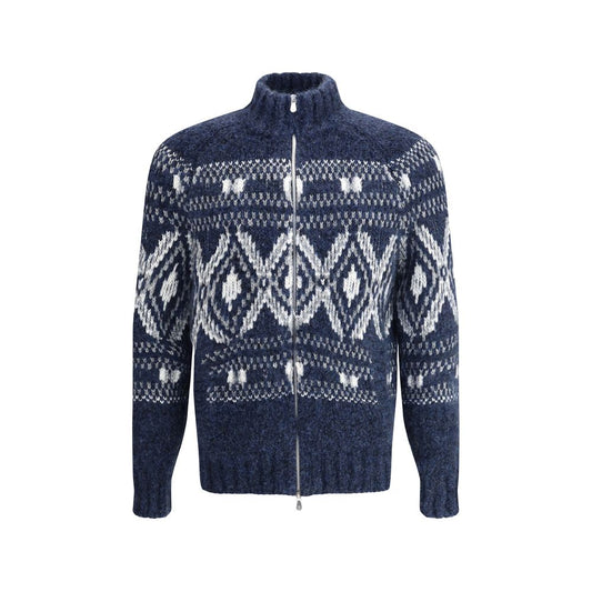 Brunello Cucinelli Blue Alpaca Vicugna Pacos Cardigan with geometric design, high collar, and double-slider zipper for a modern look.