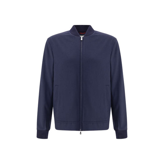 Brunello Cucinelli Blue Cashmere Bomber with zipper closure and ribbed cuffs, elegant design for a sophisticated modern look.