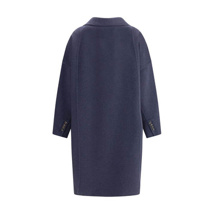 Back view of Brunello Cucinelli Blue Cashmere Coat showcasing craftsmanship and elegance with wide lapels and a structured over-fit design.
