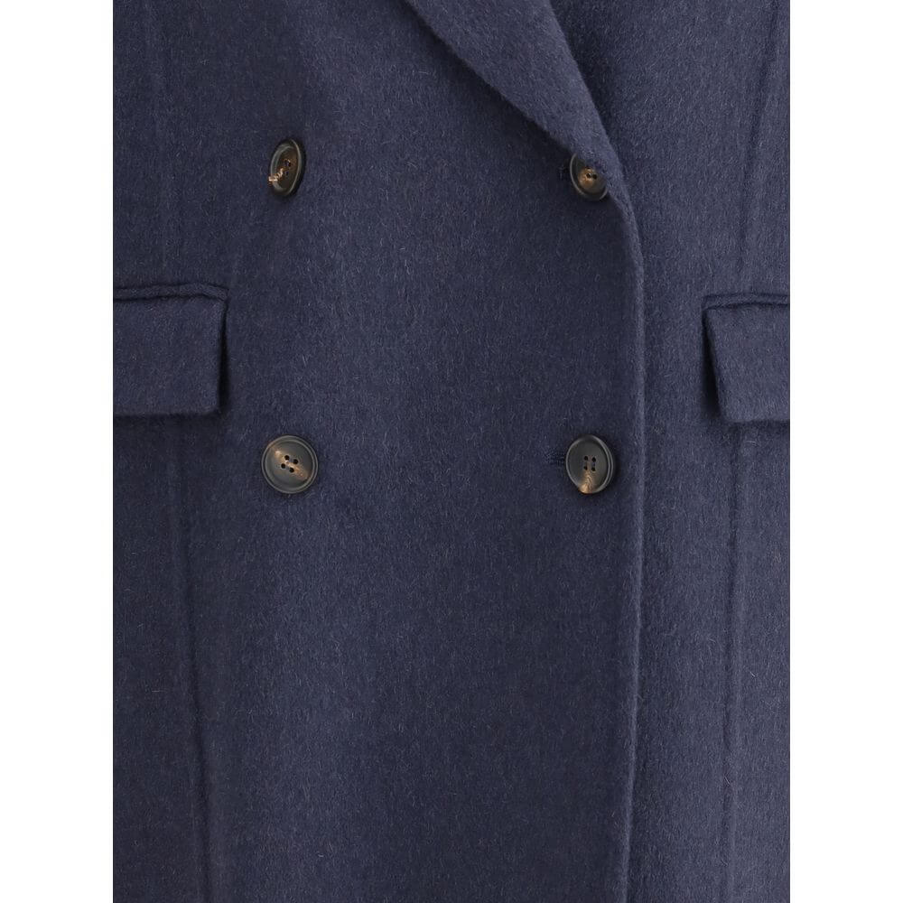Brunello Cucinelli Blue Cashmere Coat with double-breasted closure, peaked lapels, and flap pockets, showing craftsmanship details.