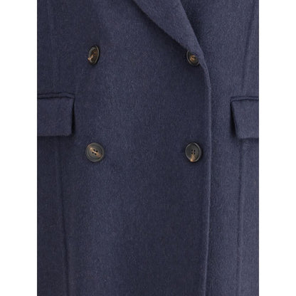 Brunello Cucinelli Blue Cashmere Coat with double-breasted closure, peaked lapels, and flap pockets, showing craftsmanship details.