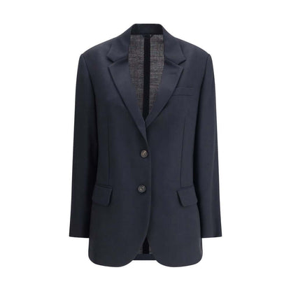 Brunello Cucinelli Blue Fleece Wool Blazer with classic lapels and two-button closure, ideal for a refined AW25 look.