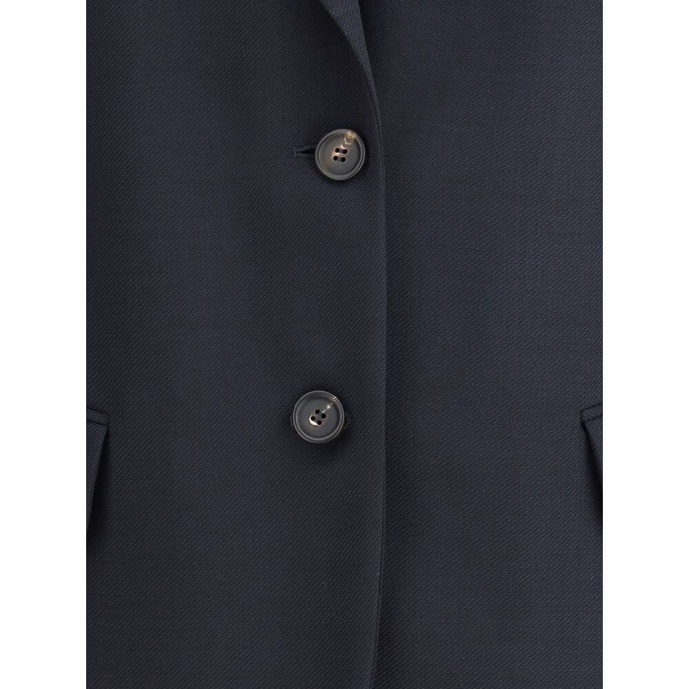 Close-up of Brunello Cucinelli Blue Fleece Wool Blazer showing two-button front closure and classic lapels.