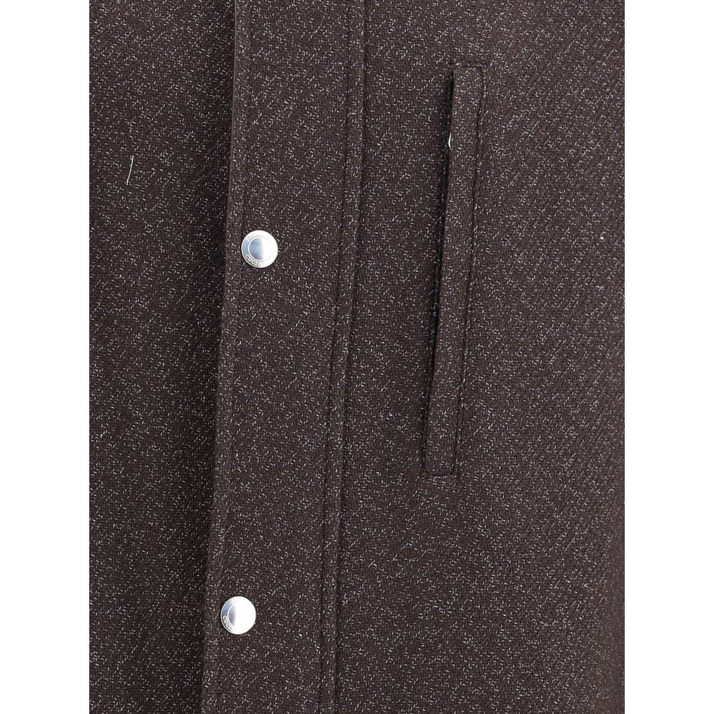 Detailed view of the Brunello Cucinelli Brown Cashmere Coat with zip closure and snap buttons, showcasing refined fabric texture and design.