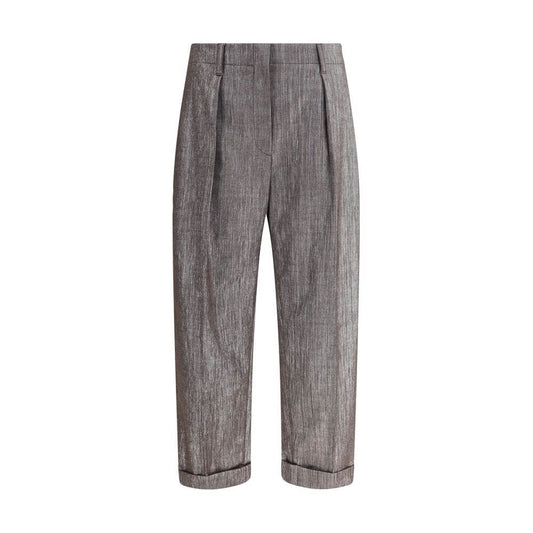 Brunello Cucinelli Brown Polyester Casual Pants with pleat detail and pockets, perfect for elegant and sophisticated style.