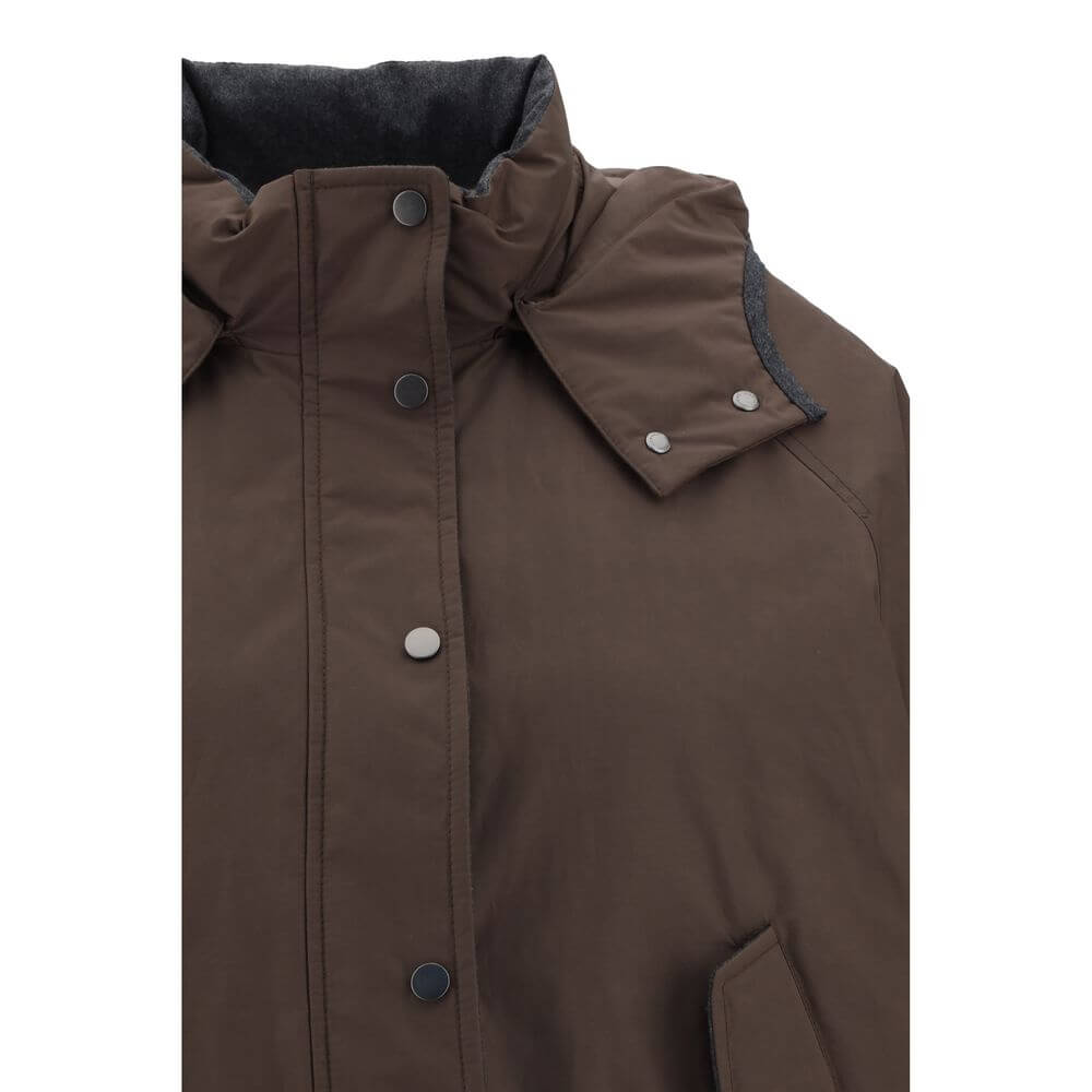 Brunello Cucinelli Brown Polyester Coat with button closure and removable hood