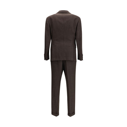 Back view of Brunello Cucinelli Brown Wool Two-Piece Suit with tonal Prince of Wales pattern for men, showcasing elegant tailoring.