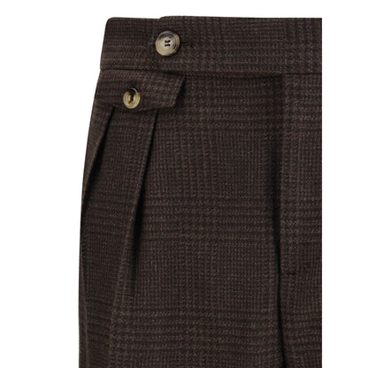 Close-up of Brunello Cucinelli Brown Wool Two-Piece Suit trousers with Prince of Wales pattern and button detail.