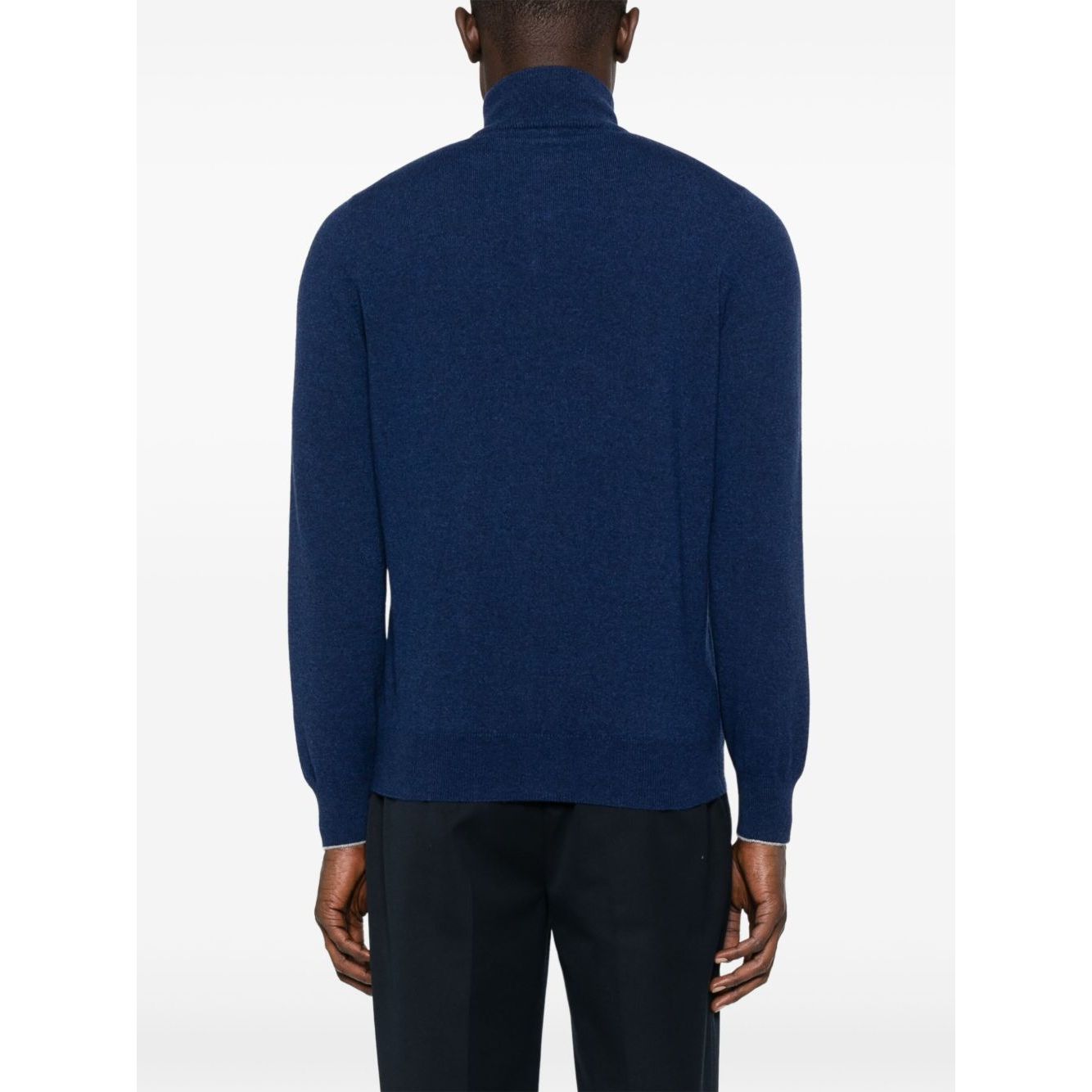 Rear view of a blue Brunello Cucinelli Cashmere zip-up sweatshirt showing ribbed cuffs and hem.