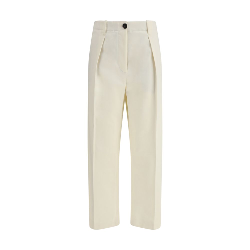 Brunello Cucinelli Cream Cotton Casual Pants, straight leg, zipper-and-button closure, belt loops at waist, 100% cotton.