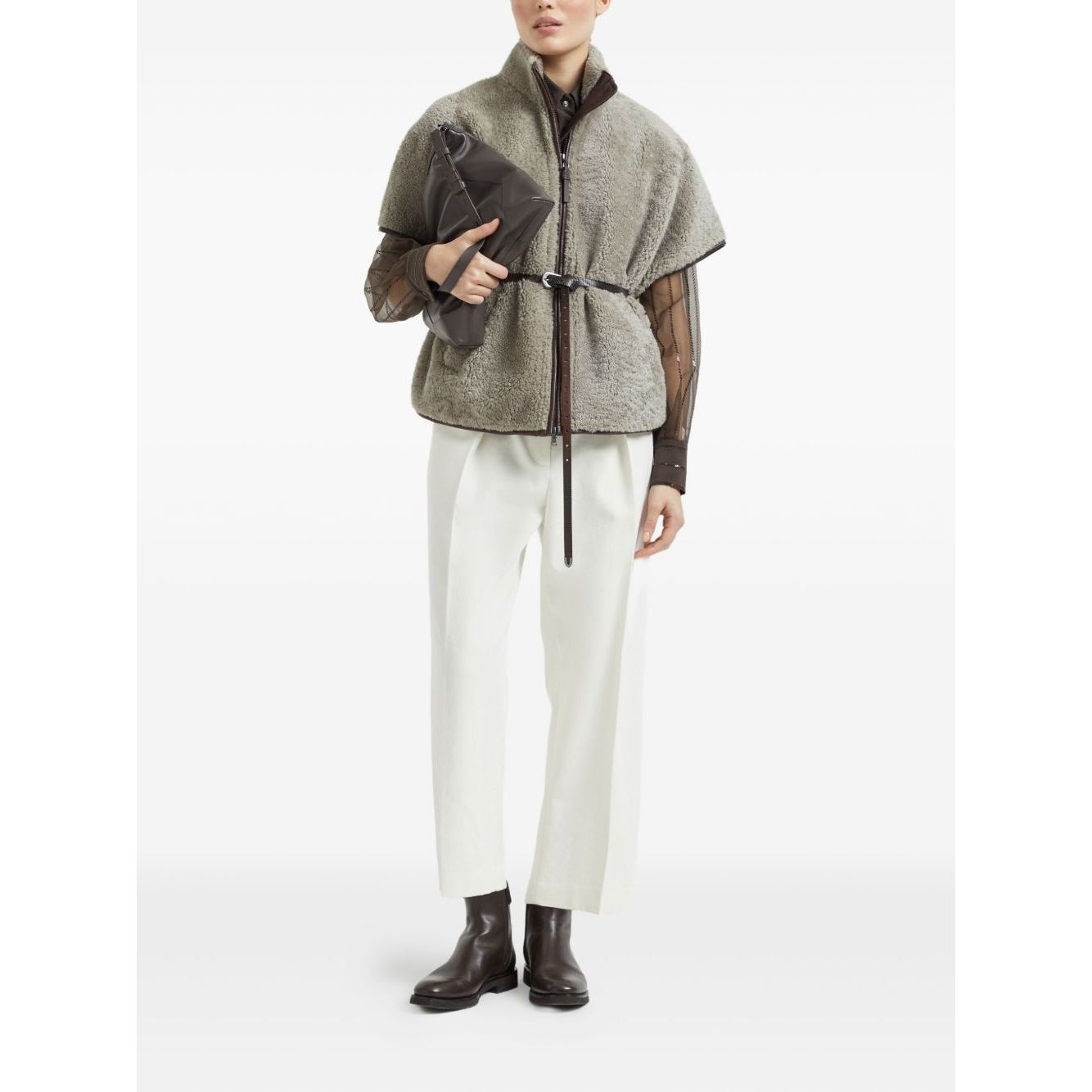 Brunello Cucinelli Curly Shearling Short Sleeve Outerwear with Shiny Zipper Pull