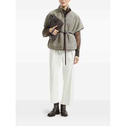 Brunello Cucinelli Curly Shearling Short Sleeve Outerwear with Shiny Zipper Pull Jackets