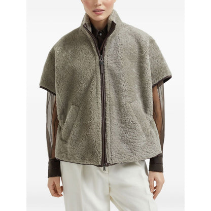 Brunello Cucinelli Curly Shearling Short Sleeve Outerwear with Shiny Zipper Pull Jackets