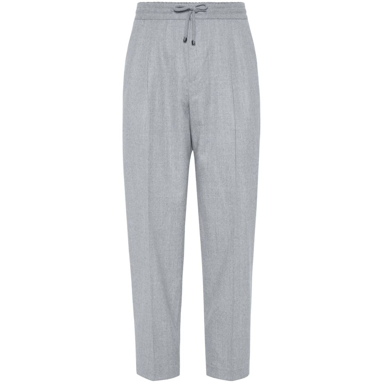 Brunello Cucinelli Drawstring trousers in beluga grey virgin wool with tapered leg and elasticated waistband.